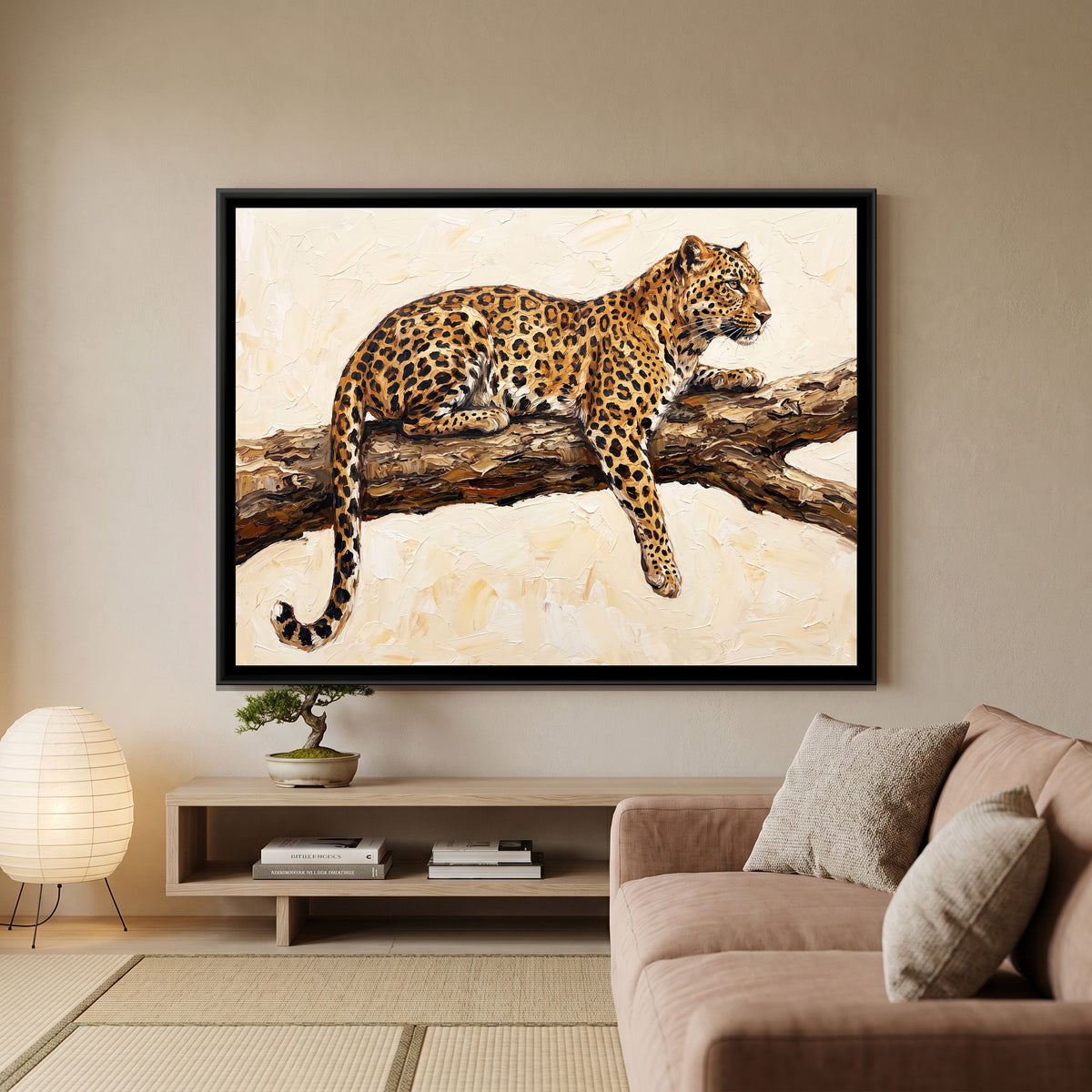 Golden Leopard Resting - canvas art shown in a second room setting