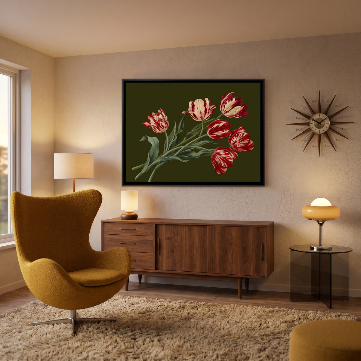 Striped Tulips Scattered - canvas art shown in a second room setting