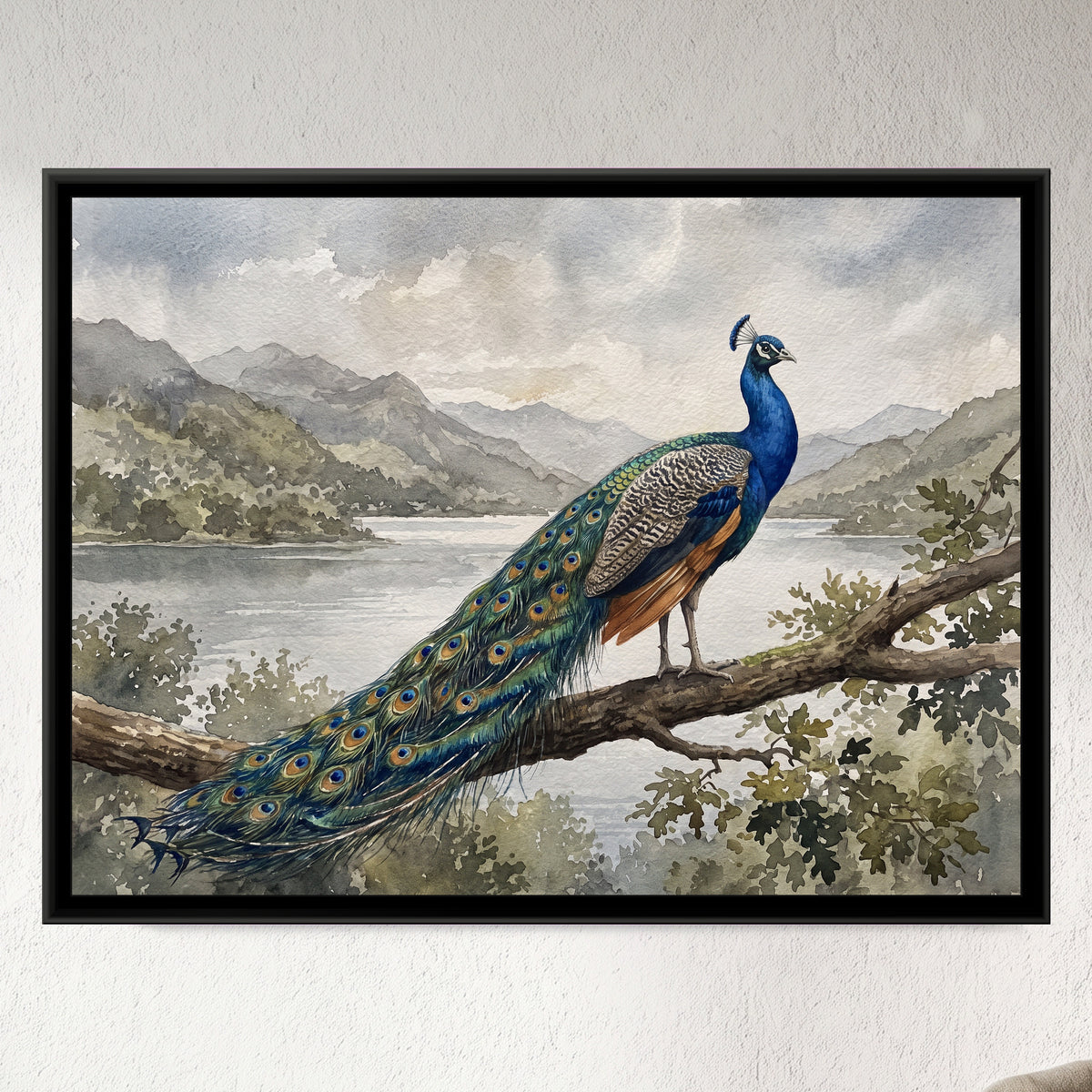 Peacock on the Overlook Branch - framed canvas art hung on a wall