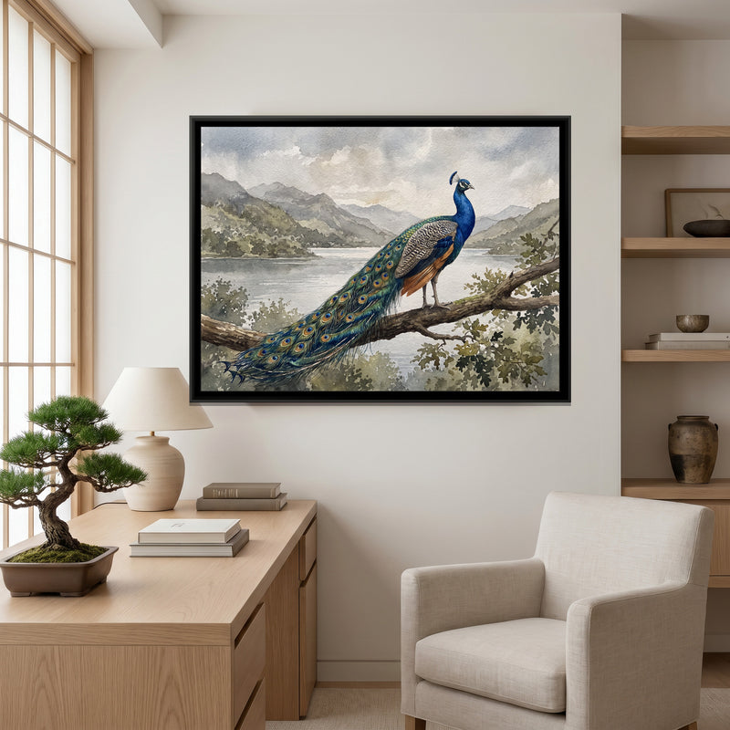 Peacock on the Overlook Branch - canvas art shown in a second room setting