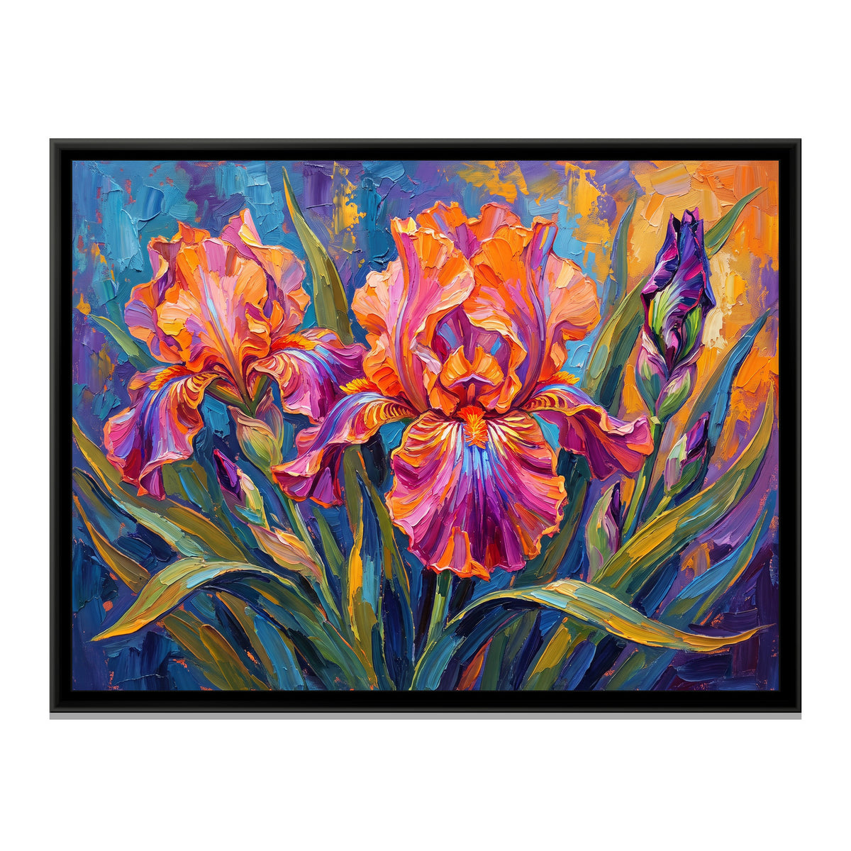 Tangerine Iris Symphony - framed canvas print, front view