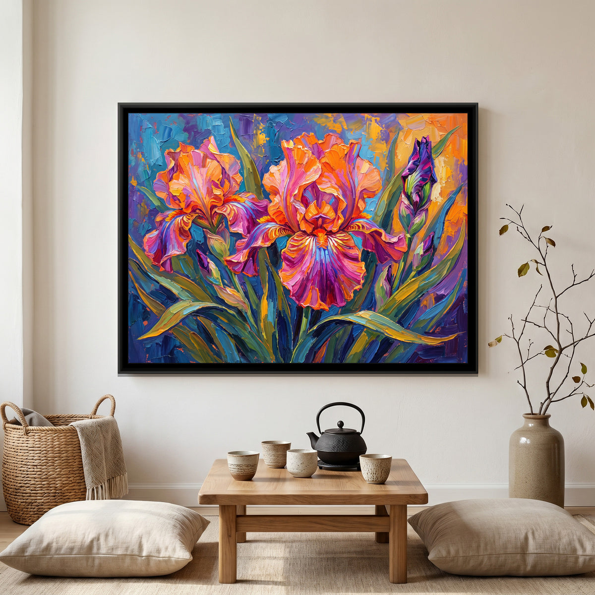 Tangerine Iris Symphony - canvas art shown in a second room setting