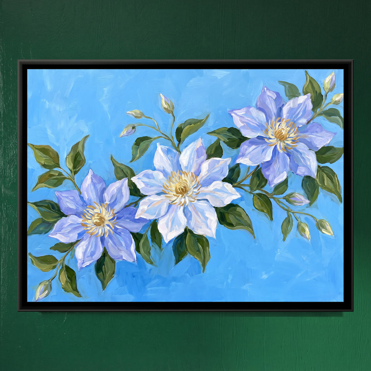 Azure Clematis Cascade - framed canvas art hung on a wall