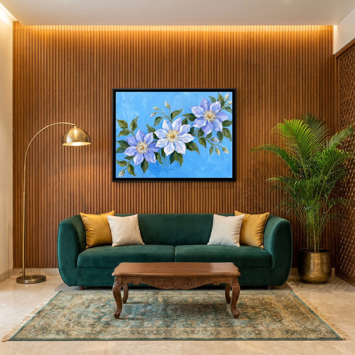Azure Clematis Cascade - canvas art shown in a styled room