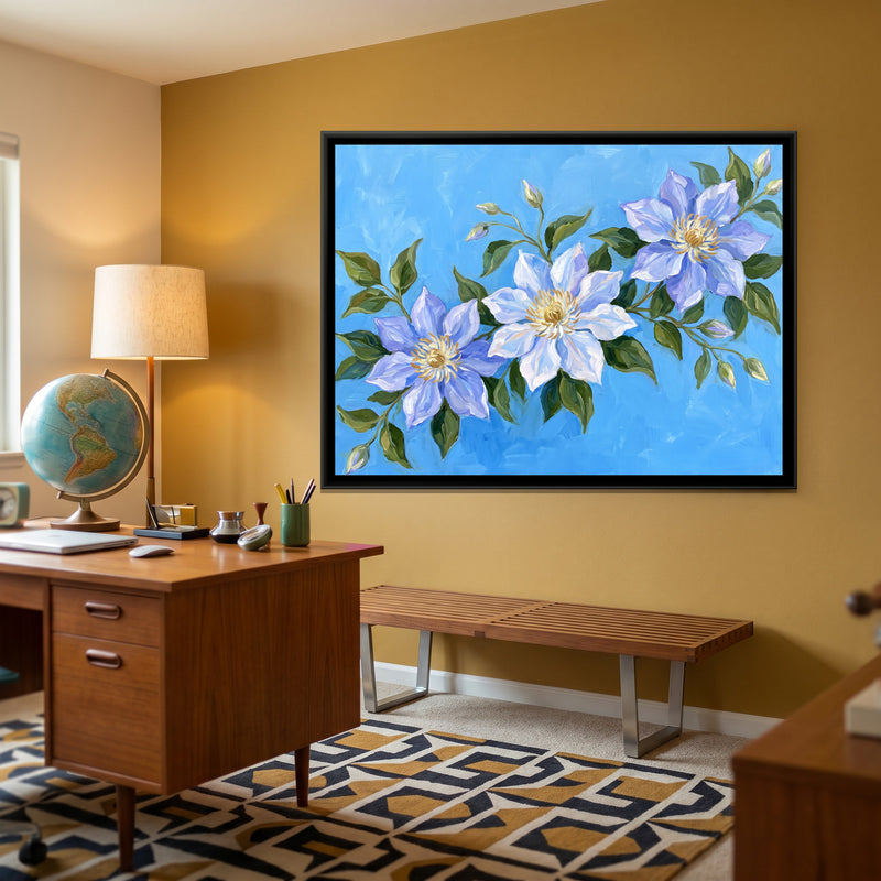 Azure Clematis Cascade - canvas art shown in a second room setting