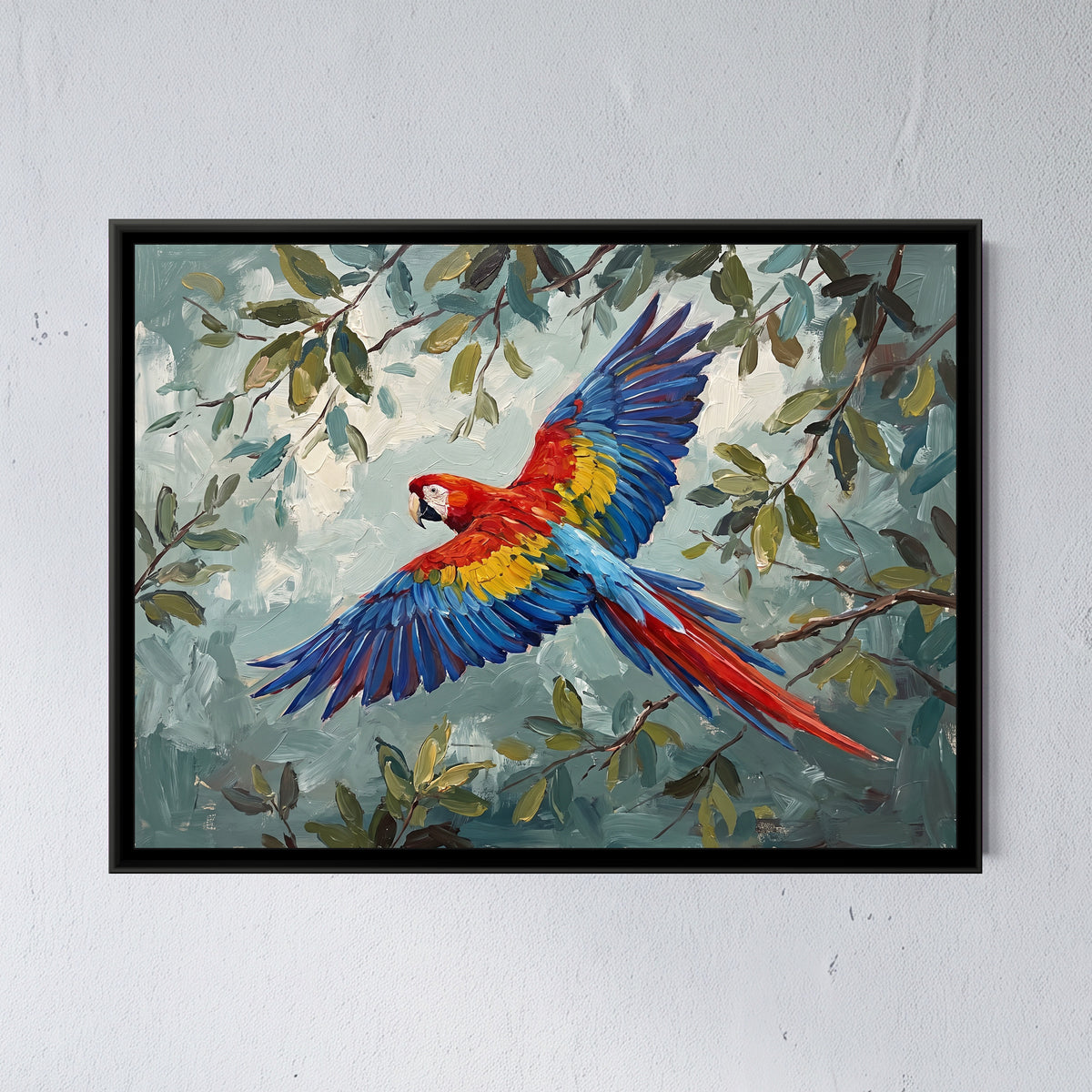 Scarlet Canopy Flight - framed canvas art hung on a wall