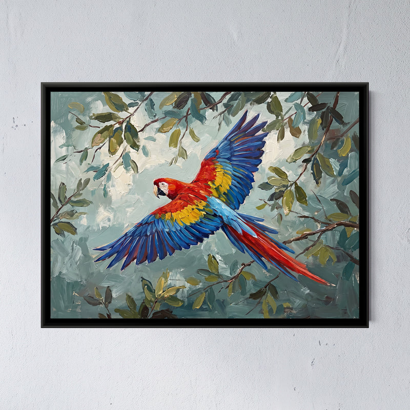 Scarlet Canopy Flight - framed canvas art hung on a wall