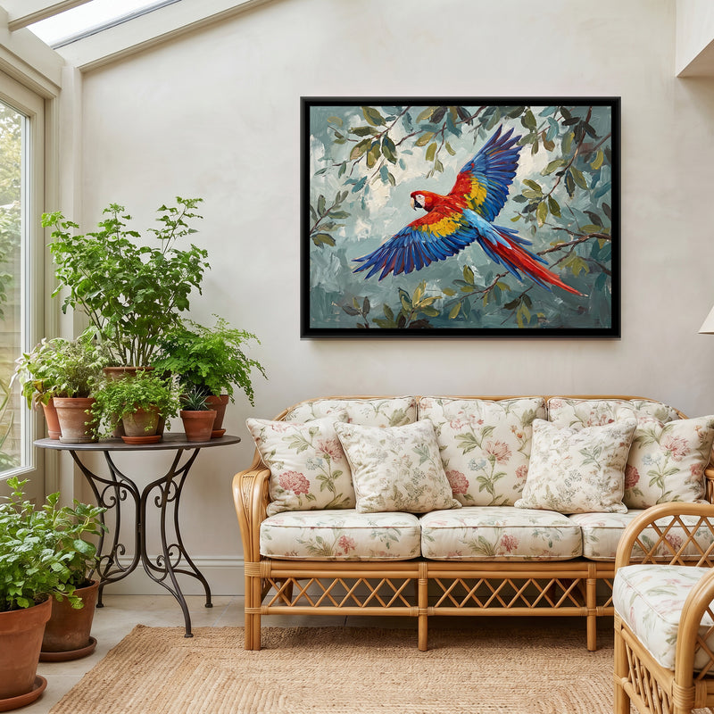 Scarlet Canopy Flight - canvas art shown in a styled room