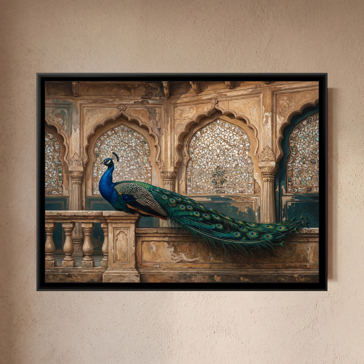 Royal Plumage by the Arch - framed canvas art hung on a wall