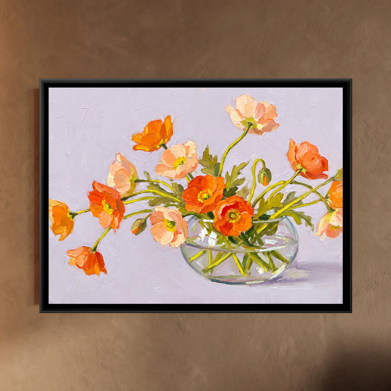 Sprawling Poppies in a Shallow Bowl - framed canvas art hung on a wall