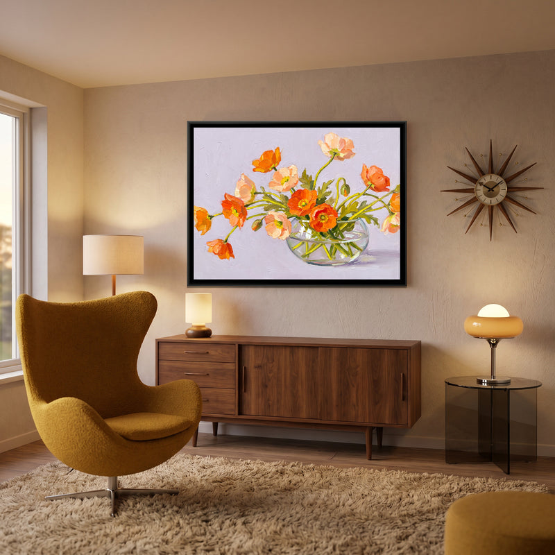 Sprawling Poppies in a Shallow Bowl - canvas art shown in a styled room