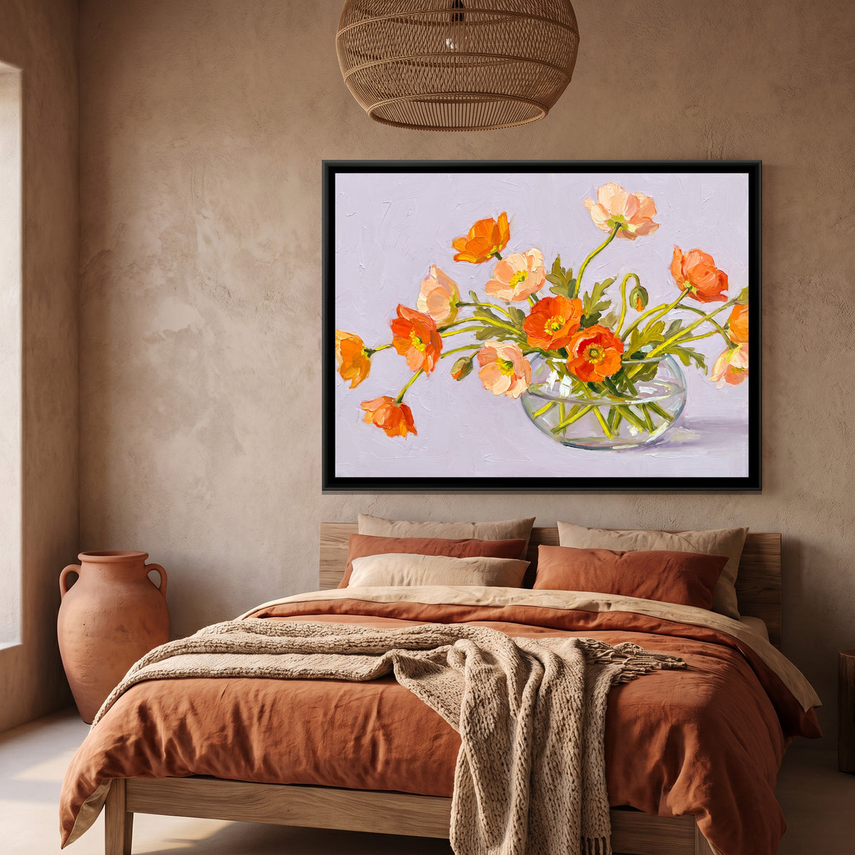 Sprawling Poppies in a Shallow Bowl - canvas art shown in a second room setting
