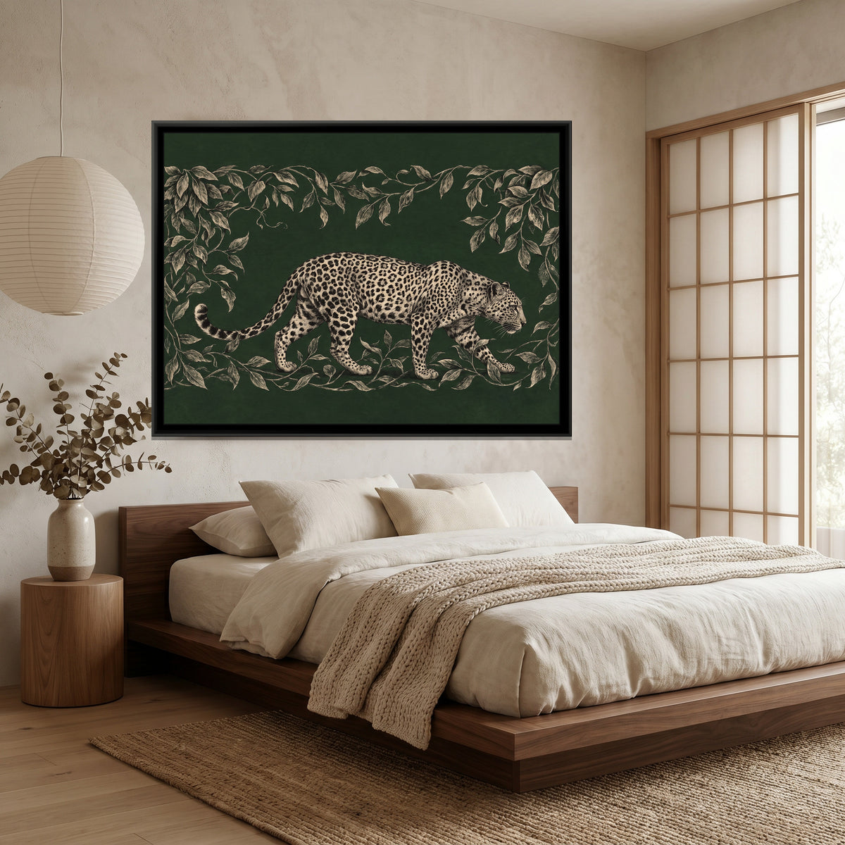 Prowling Leopard Amidst Vines - canvas art shown in a styled room