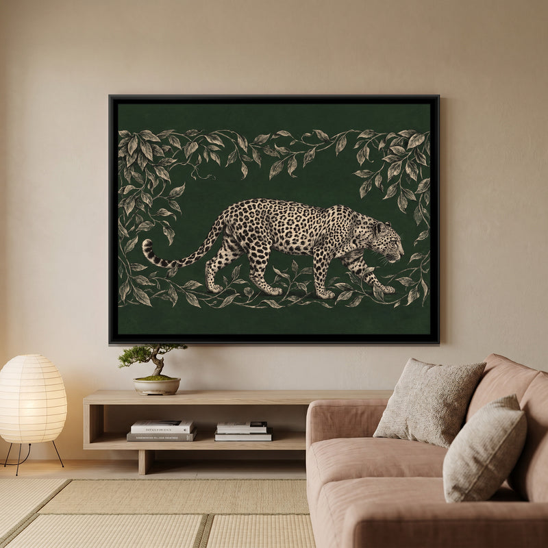 Prowling Leopard Amidst Vines - canvas art shown in a second room setting