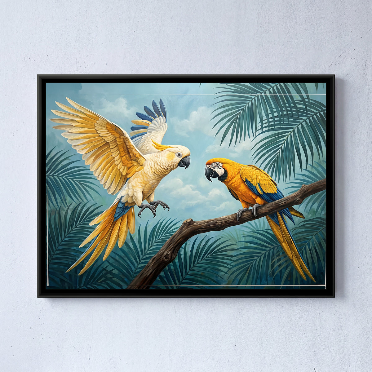 Tropical Canopy Companions - framed canvas art hung on a wall