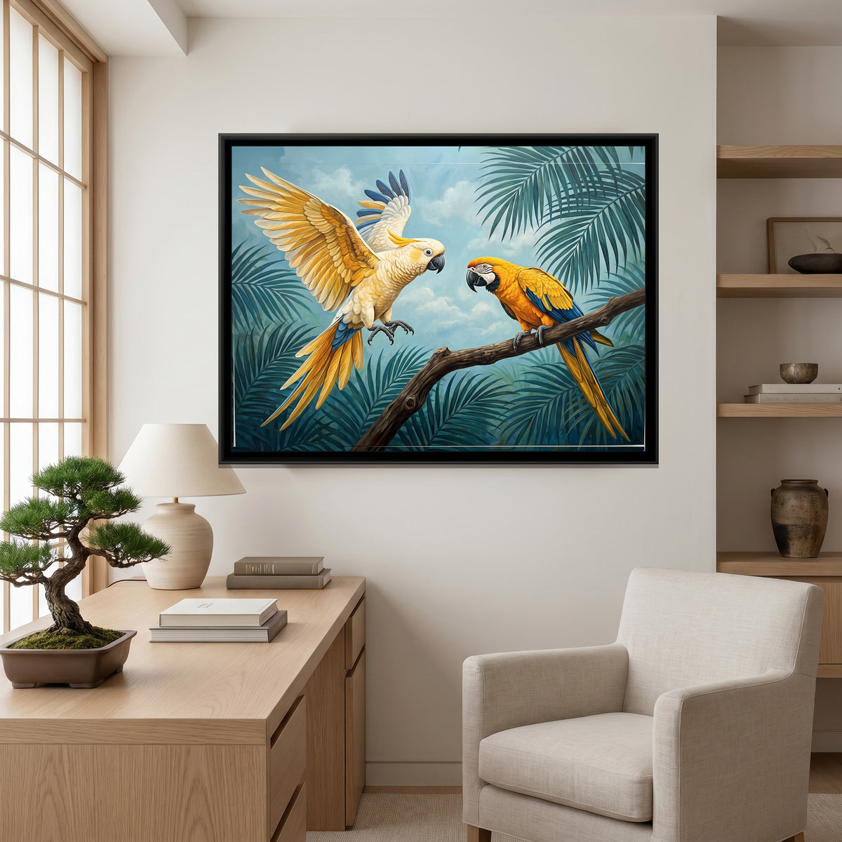 Tropical Canopy Companions - canvas art shown in a styled room