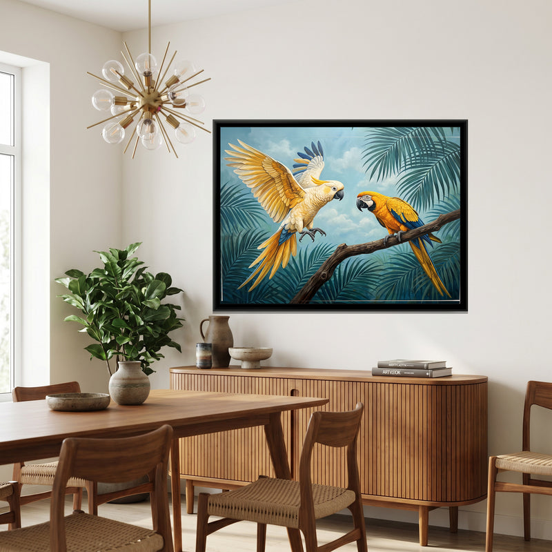 Tropical Canopy Companions - canvas art shown in a second room setting