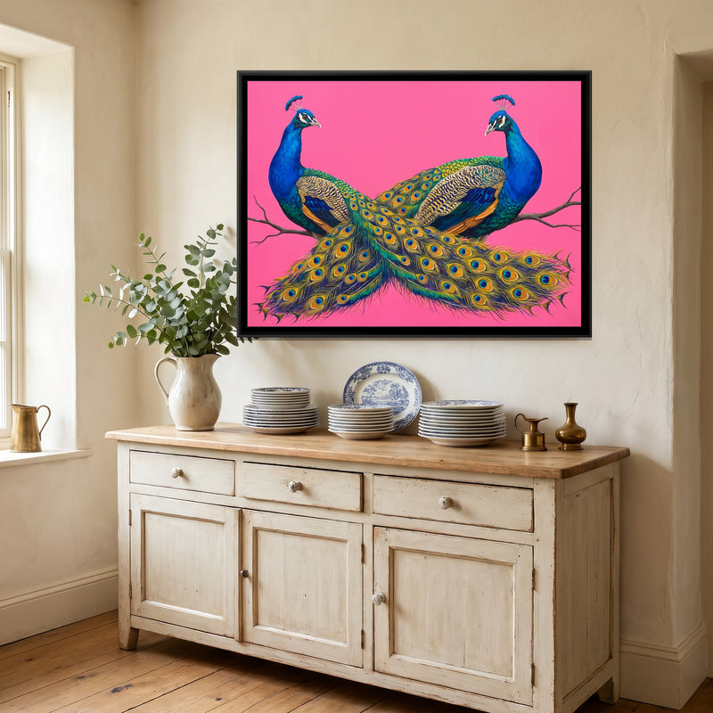 Azure Plumes on Pink - canvas art shown in a second room setting