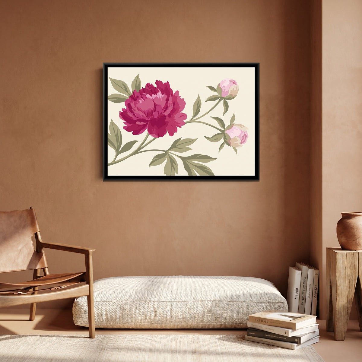 Magenta Peony Branch - canvas art shown in a styled room