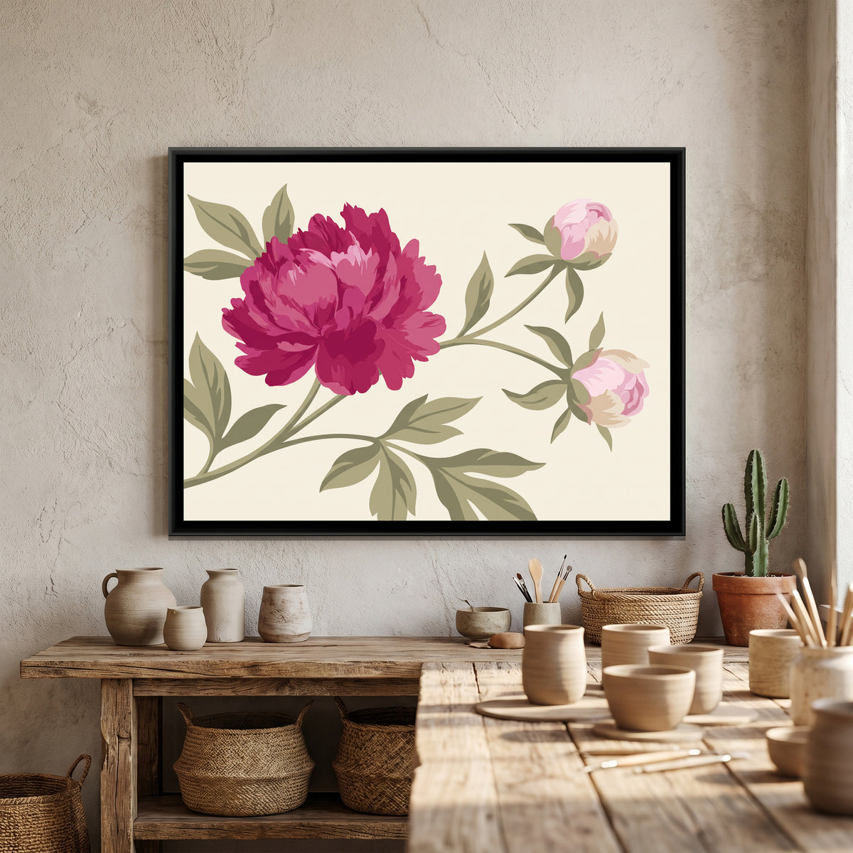 Magenta Peony Branch - canvas art shown in a second room setting