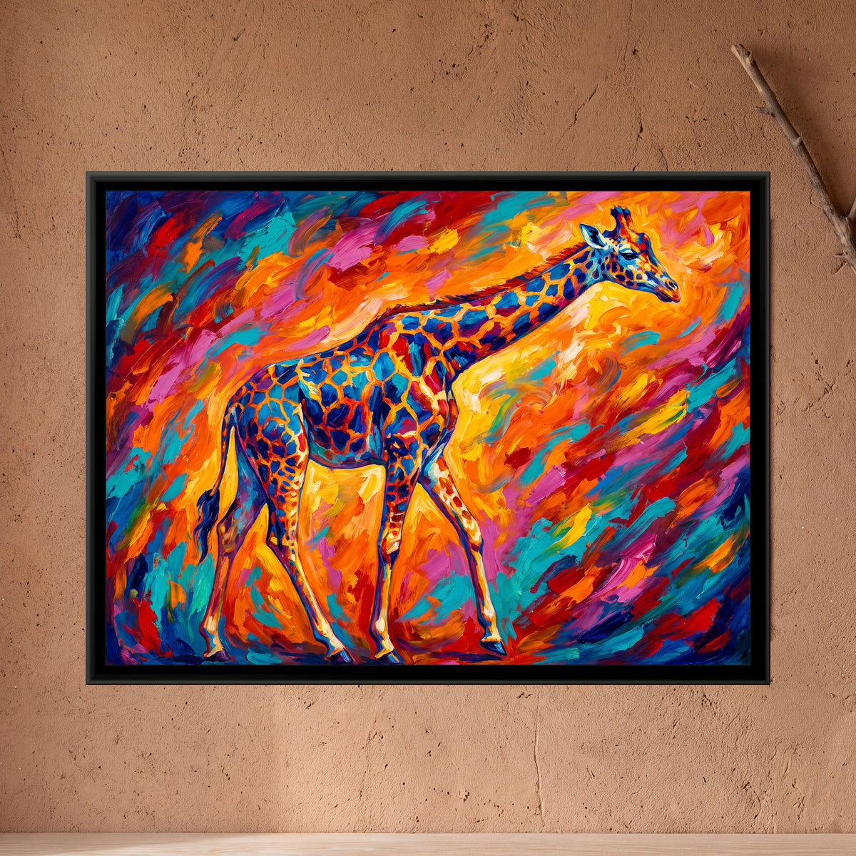 Prismatic Savannah Stride - framed canvas art hung on a wall