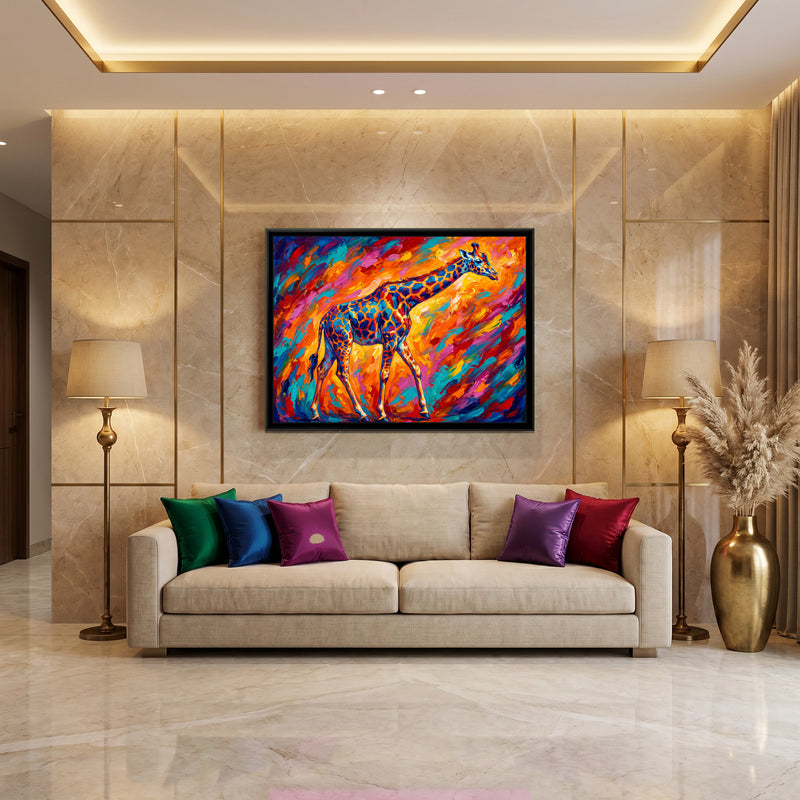 Prismatic Savannah Stride - canvas art shown in a styled room