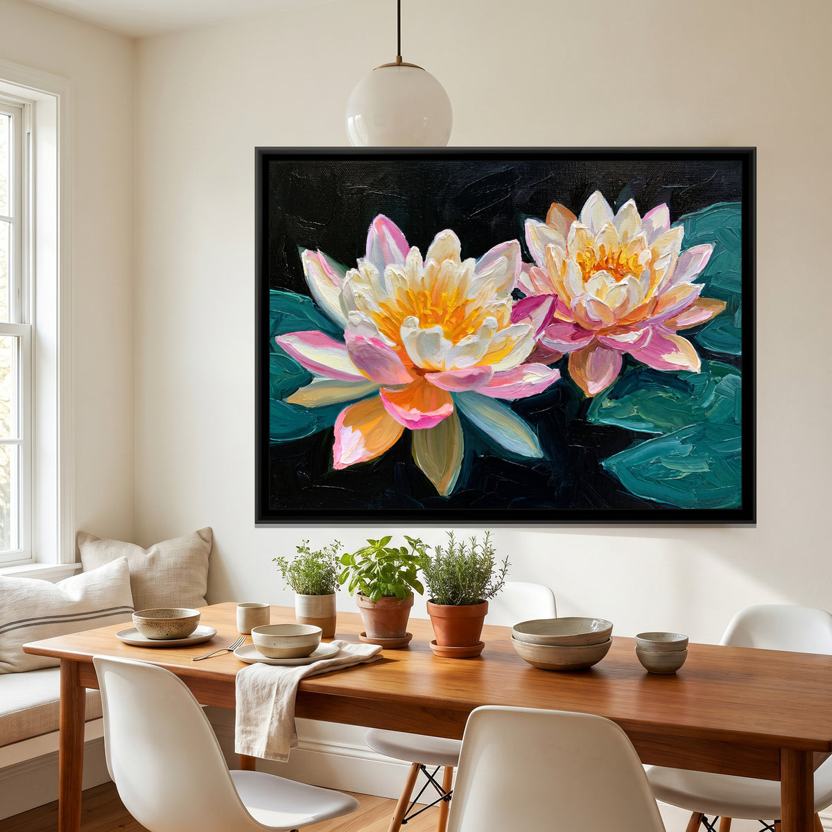 Radiant Lotus Blooms - canvas art shown in a second room setting