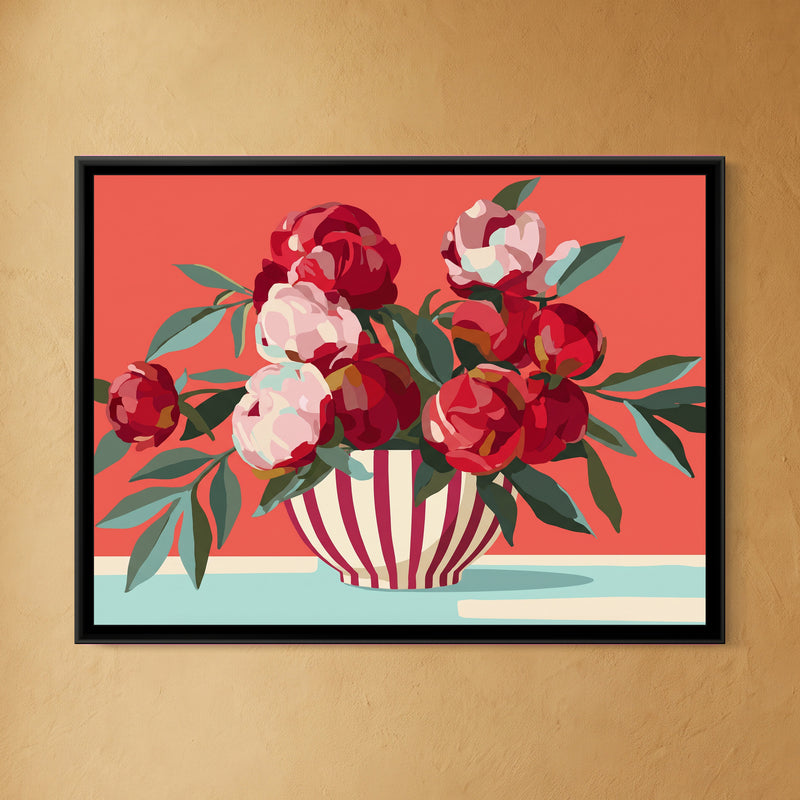 Peonies in a Wide Striped Bowl - framed canvas art hung on a wall