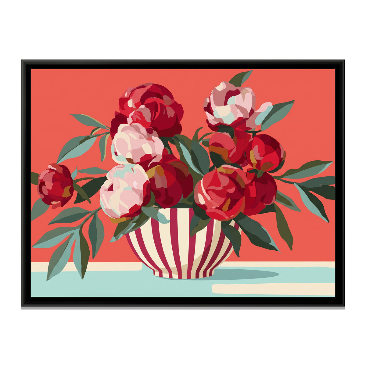 Peonies in a Wide Striped Bowl - framed canvas print, front view