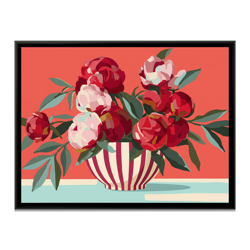 Peonies in a Wide Striped Bowl - framed canvas print, front view