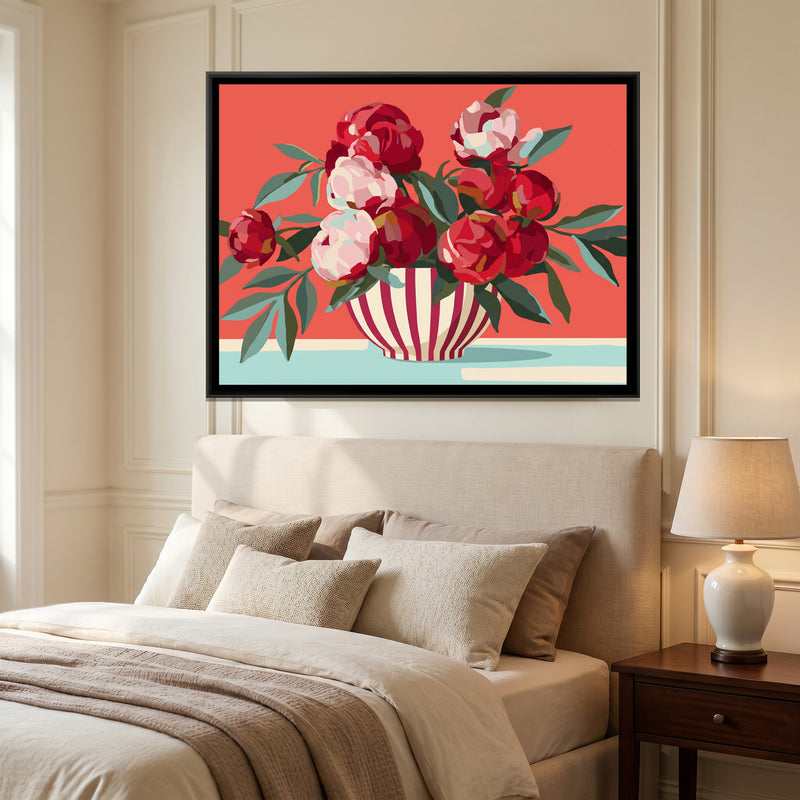 Peonies in a Wide Striped Bowl - canvas art shown in a second room setting