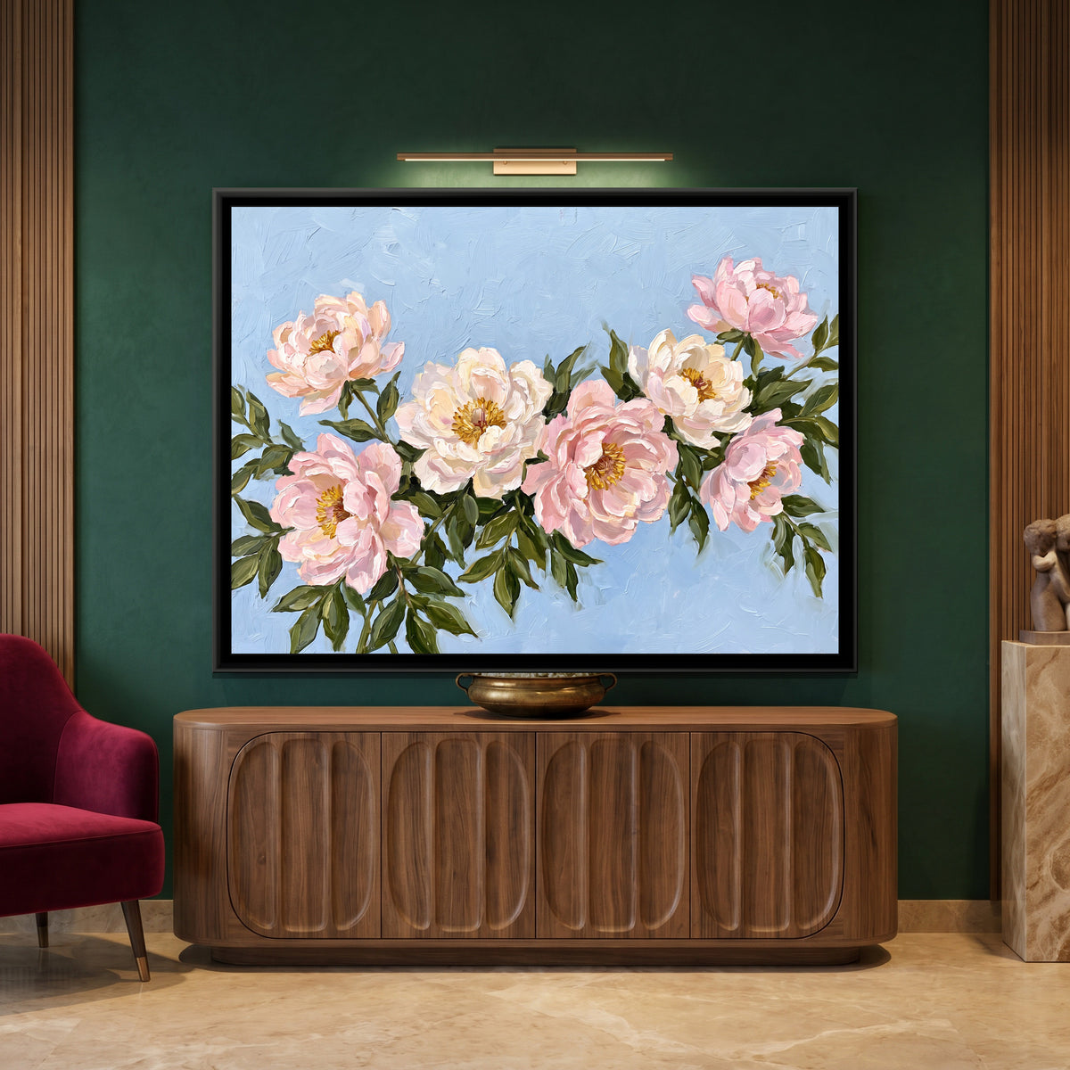 Blush Blooms on Blue - canvas art shown in a styled room