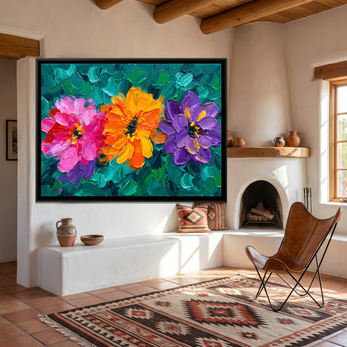 Vibrant Impasto Blooms - canvas art shown in a styled room