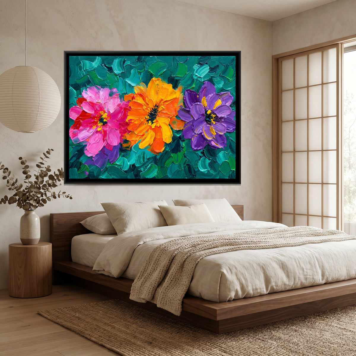 Vibrant Impasto Blooms - canvas art shown in a second room setting