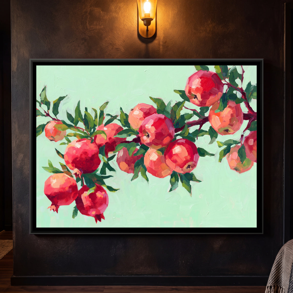 Crimson Orchard Bounty - framed canvas art hung on a wall
