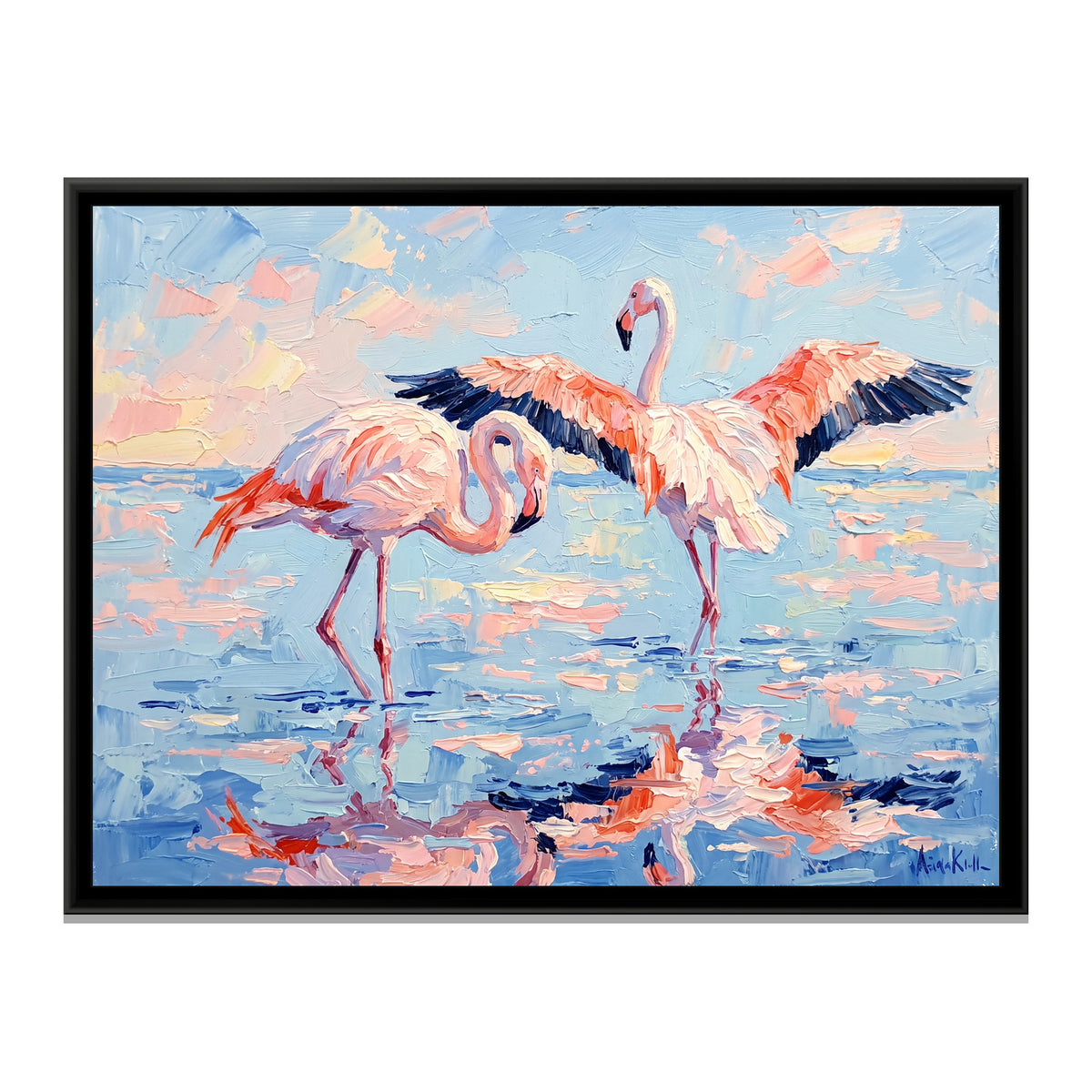 Preening in Pink - framed canvas print, front view