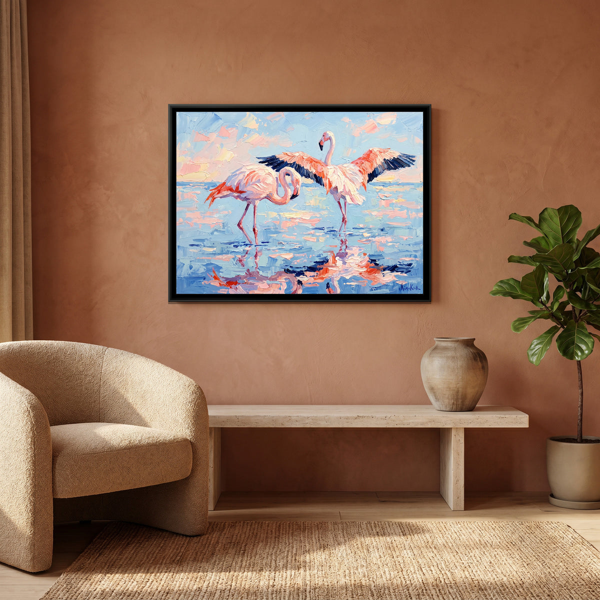 Preening in Pink - canvas art shown in a styled room