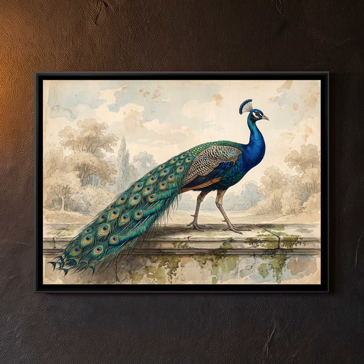 Azure Plumage on the Ledge - framed canvas art hung on a wall