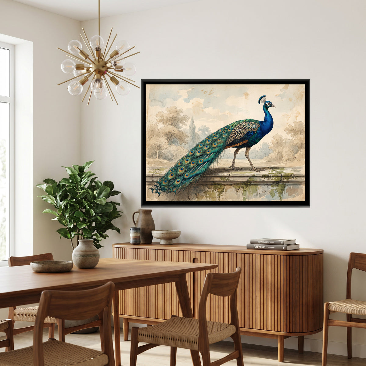 Azure Plumage on the Ledge - canvas art shown in a second room setting