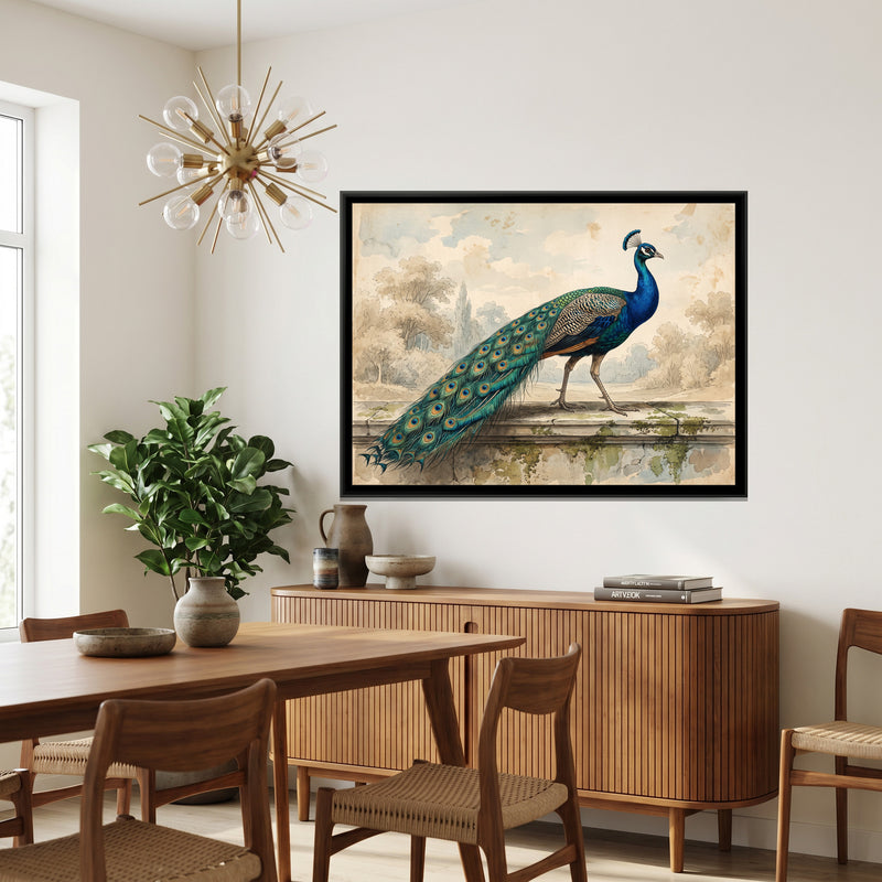 Azure Plumage on the Ledge - canvas art shown in a second room setting