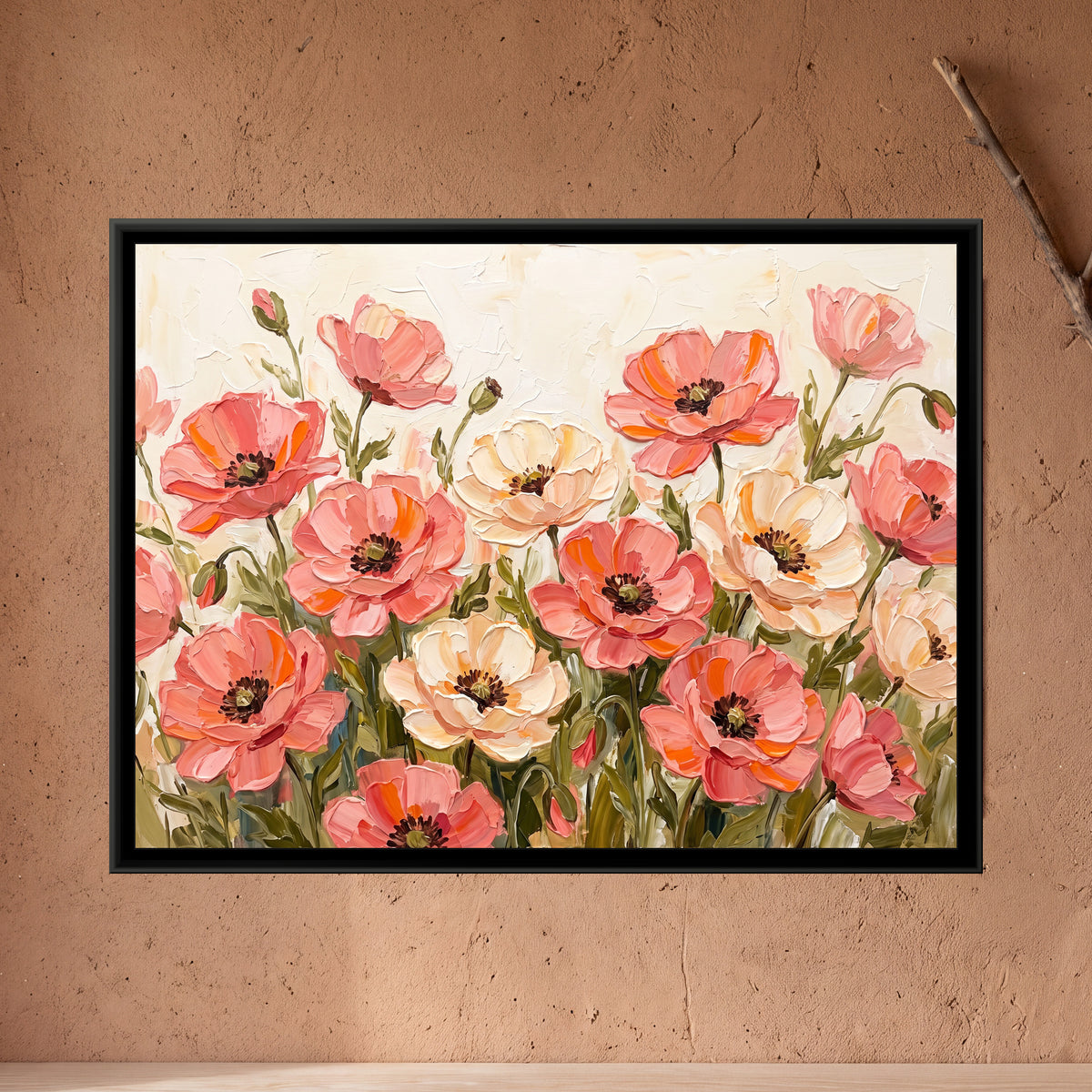 Sweeping Coral Poppies - framed canvas art hung on a wall