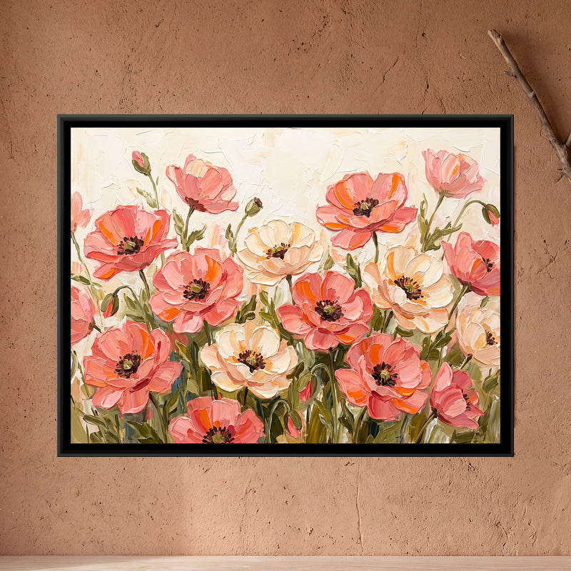 Sweeping Coral Poppies - framed canvas art hung on a wall