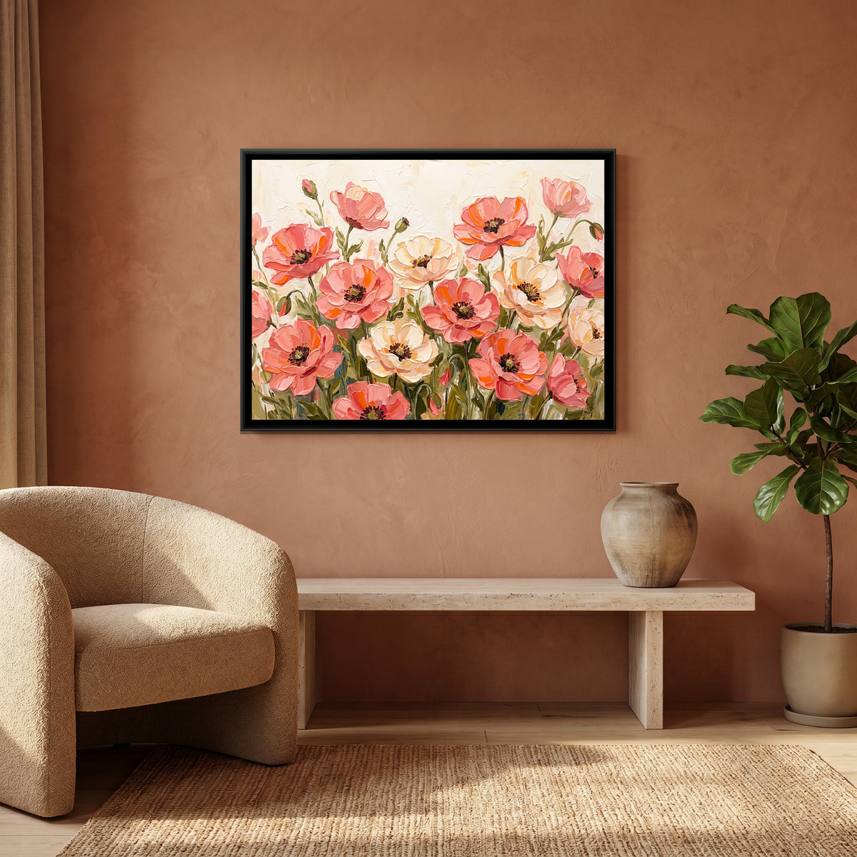 Sweeping Coral Poppies - canvas art shown in a styled room