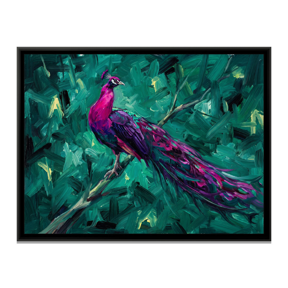 Magenta Plumage in Teal Forest - framed canvas print, front view