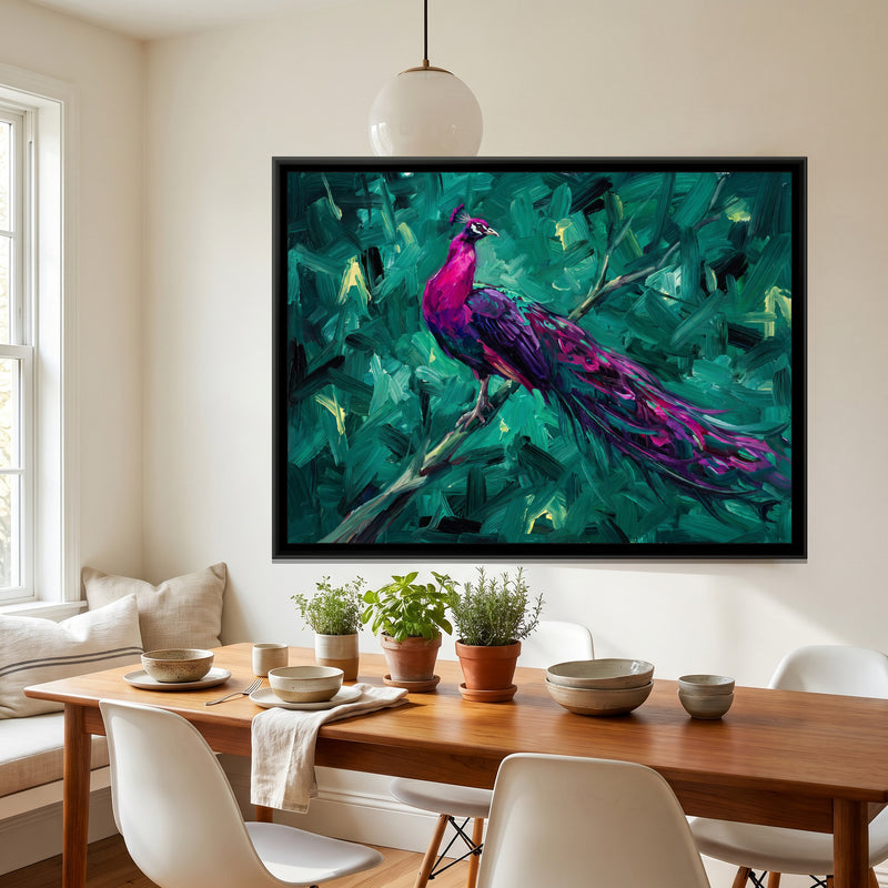 Magenta Plumage in Teal Forest - canvas art shown in a second room setting