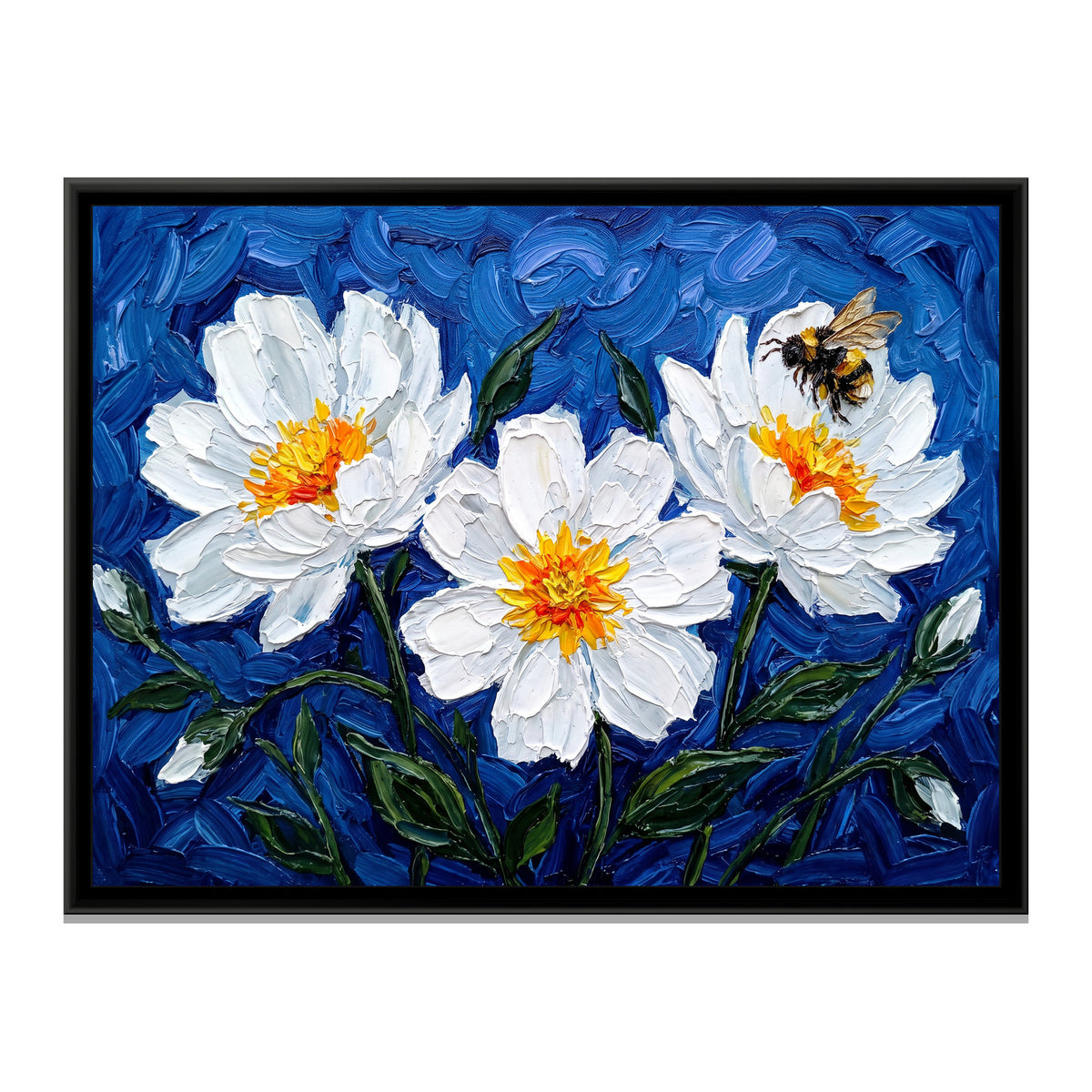 White Blossoms in Cobalt - framed canvas print, front view