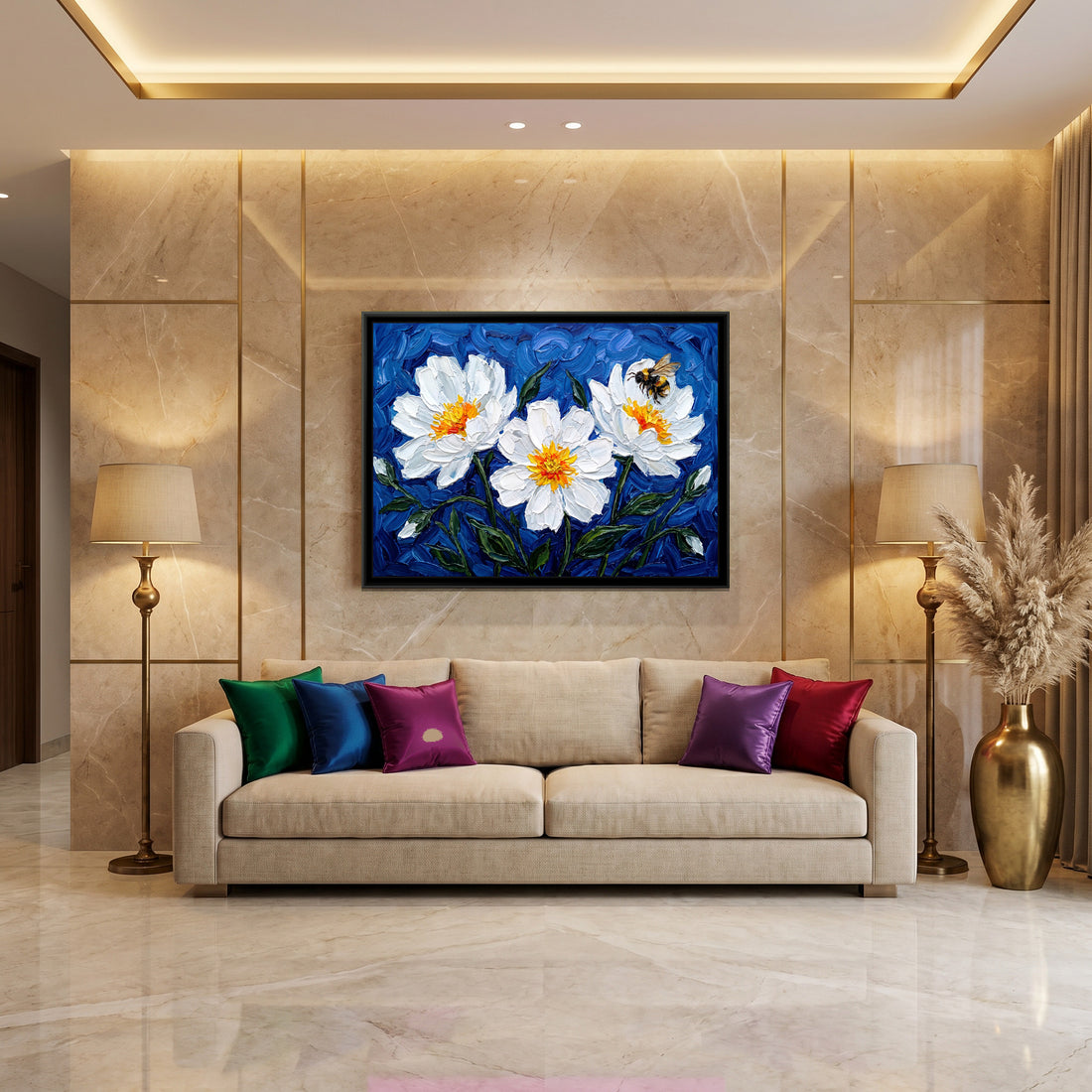 A Kolorkaari canvas in a floater frame, in a room