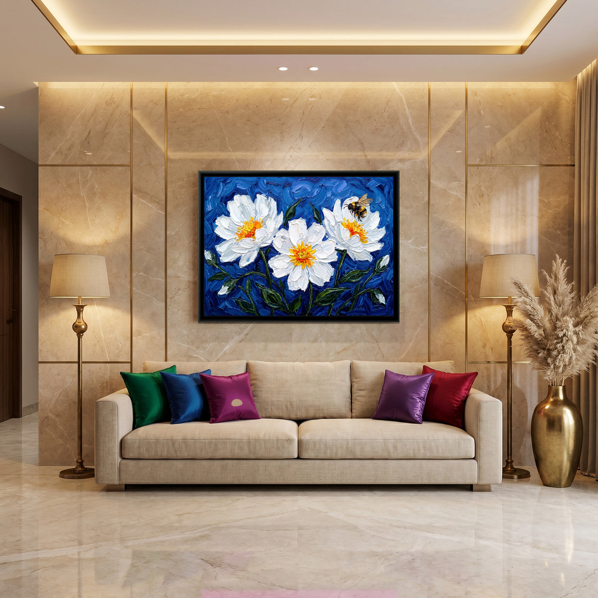 White Blossoms in Cobalt - canvas art shown in a styled room