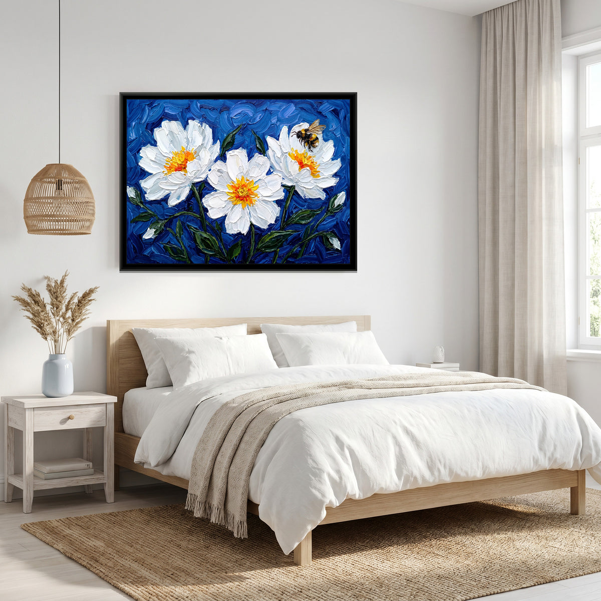 White Blossoms in Cobalt - canvas art shown in a second room setting