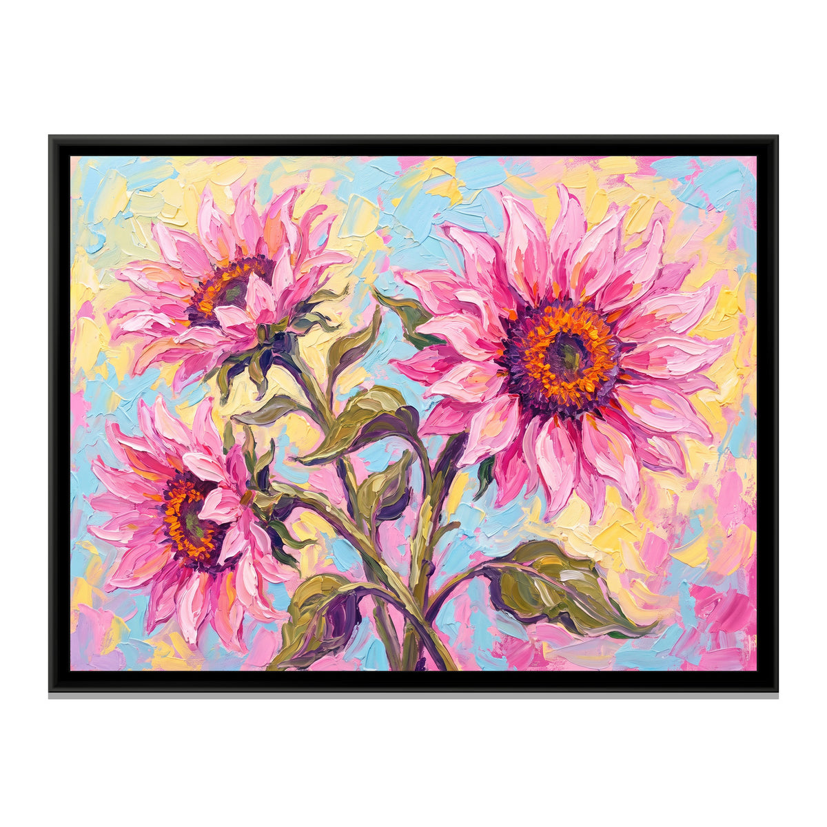 Pink Sunflower Trio - framed canvas print, front view